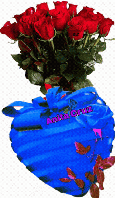 A Bouquet Of Red Roses In A Blue Heart Shaped Vase With Anita Cruz Written On The Bottom GIF