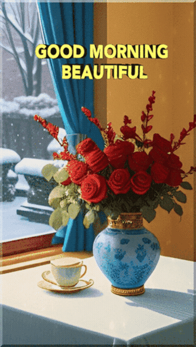 A Bouquet Of Red Roses In A Blue Vase On A Table With A Cup Of Coffee GIF