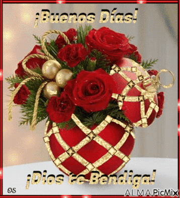 A Bouquet Of Red Roses In A Red Vase With The Words Buenos Dias GIF