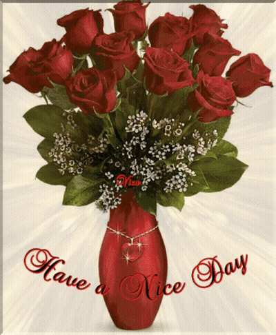 A Bouquet Of Red Roses In A Red Vase With The Words Have A Nice Day Above It GIF