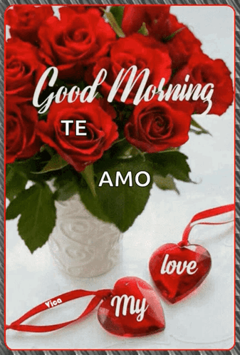 A Bouquet Of Red Roses In A Vase Next To Two Hearts That Say Love My GIF