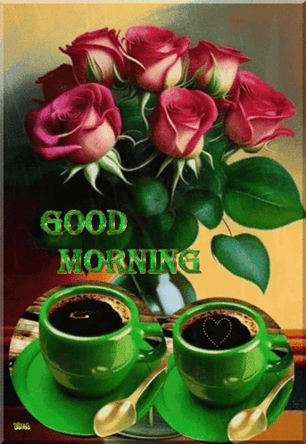 A Bouquet Of Red Roses Sits Next To Two Green Cups Of Coffee And The Words Good Morning GIF