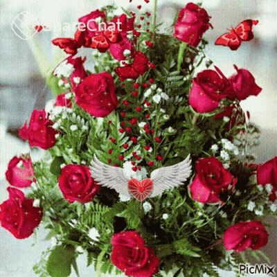 A Bouquet Of Red Roses With A Picture Of An Angel With Wings On It GIF