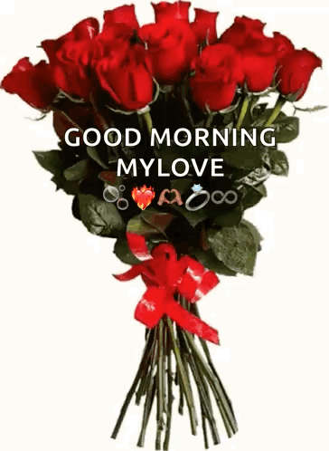 A Bouquet Of Red Roses With A Red Bow And The Words `` Good Morning My Love '' GIF