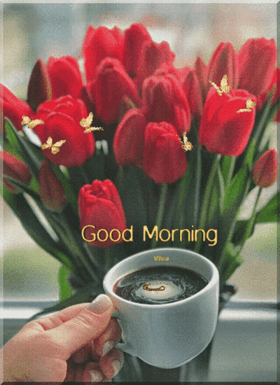 A Bouquet Of Red Tulips And A Cup Of Coffee With The Words Good Morning GIF