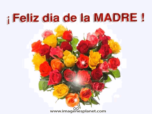 A Bouquet Of Roses In The Shape Of A Heart With The Words Feliz Dia De La Madre Below It GIF