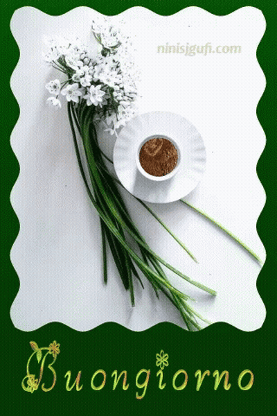A Bouquet Of White Flowers And A Cup Of Coffee On A Saucer With The Words Buongiorno Below It GIF