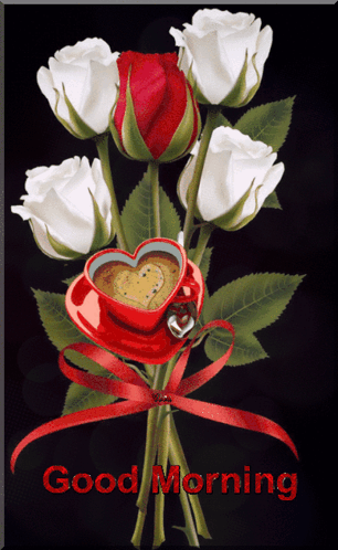 A Bouquet Of White Roses With A Heart Shaped Cup Of Coffee And The Words Good Morning GIF