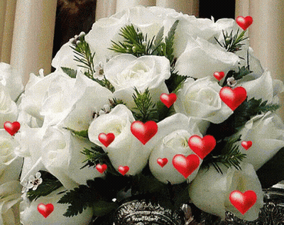 A Bouquet Of White Roses With Red Hearts Floating Around Them GIF