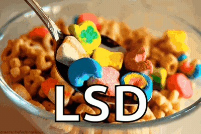 A Bowl Of Cereal With A Spoon And The Word Lsd GIF
