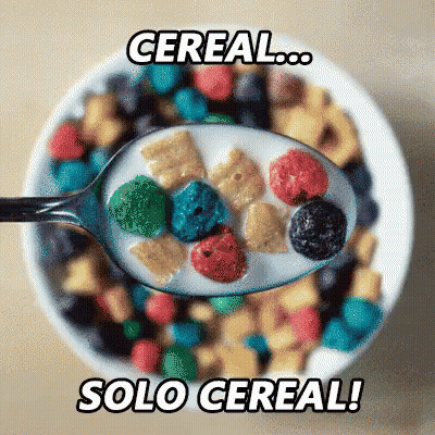A Bowl Of Cereal With A Spoon In It And The Words " Cereal Solo Cereal " Below It GIF