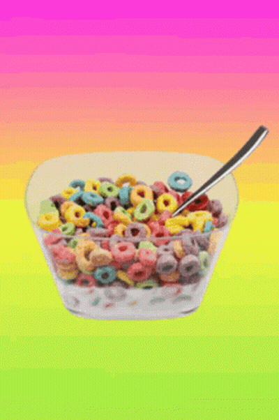 A Bowl Of Cereal With A Spoon In It On A Rainbow Background GIF