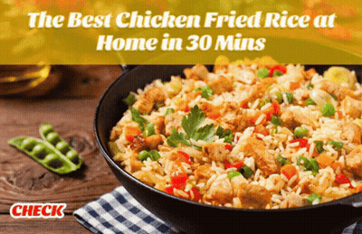 A Bowl Of Chicken Fried Rice Sits On A Checkered Cloth GIF