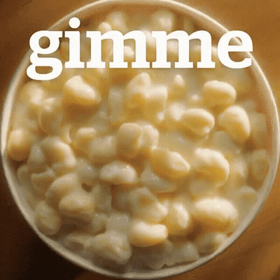 A Bowl Of Macaroni And Cheese With The Word Gimme On Top GIF
