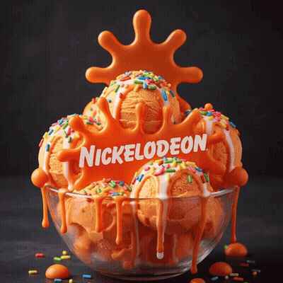 A Bowl Of Nickelodeon Ice Cream With Sprinkles And Orange Sauce GIF