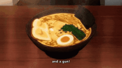 A Bowl Of Ramen With Eggs And Vegetables On A Table With The Words And A Gun Written On It GIF