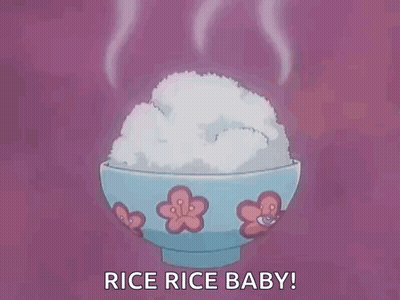 A Bowl Of Rice With Flowers On It Is On A Pink Background . GIF