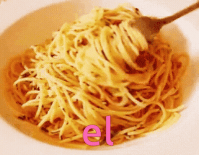 A Bowl Of Spaghetti With The Word El In Pink GIF