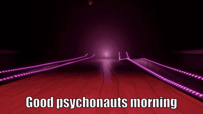 A Bowling Alley Scene With The Words Good Psychonauts Morning GIF