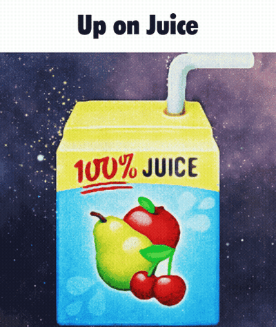 A Box Of 100 % Juice With An Apple And Cherry On It GIF