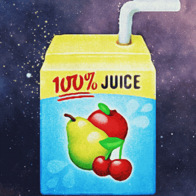 A Box Of 100 % Juice With Apples And Cherries On The Label GIF