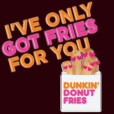 A Box Of Dunkin ' Donut Fries With Hearts On Them On A Black Background GIF