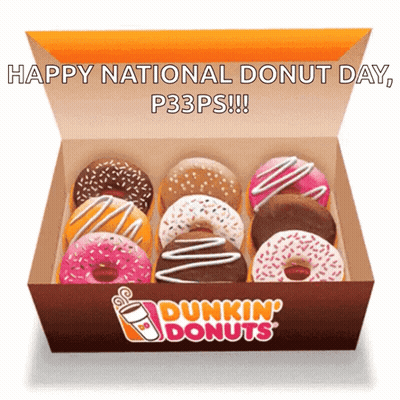 A Box Of Dunkin ' Donuts Is Open And Says Happy National Donut Day P33ps !!! GIF