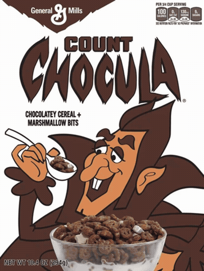a box of general mills count chocula chocolatey cereal with marshmallow bits