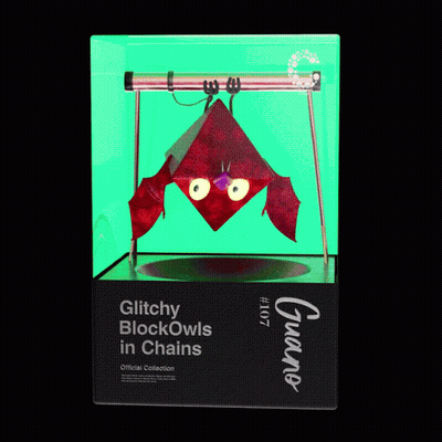 A Box Of Glitchy Blockowls In Chains Official Collection # 107 GIF