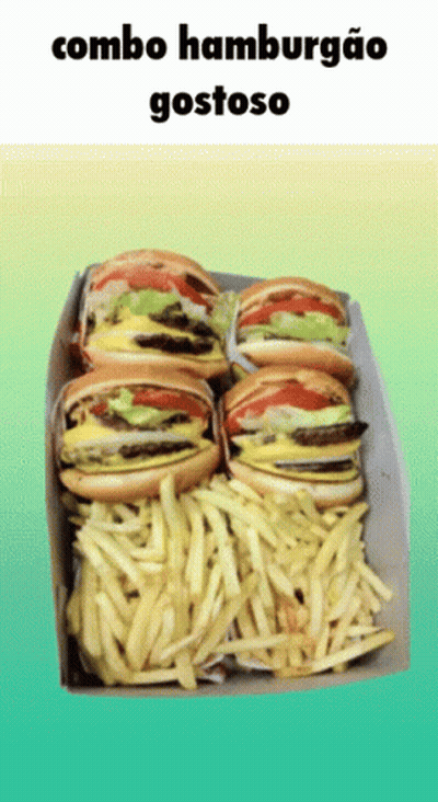 A Box Of Hamburgers And French Fries With The Words Combo Hamburgao Gostoso On The Bottom GIF