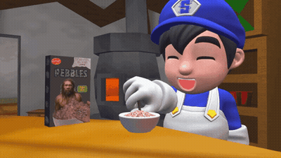 A Box Of Pebbles Sits On A Table Next To A Cartoon Character GIF