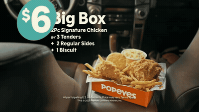A Box Of Popeye 'S Chicken And French Fries In A Car GIF
