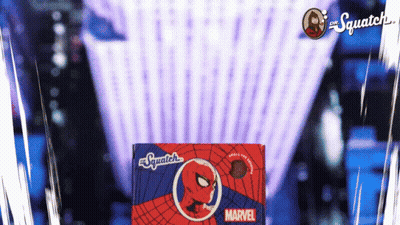 A Box Of Squatch Marvel Candy With A Spider Man Logo On It GIF