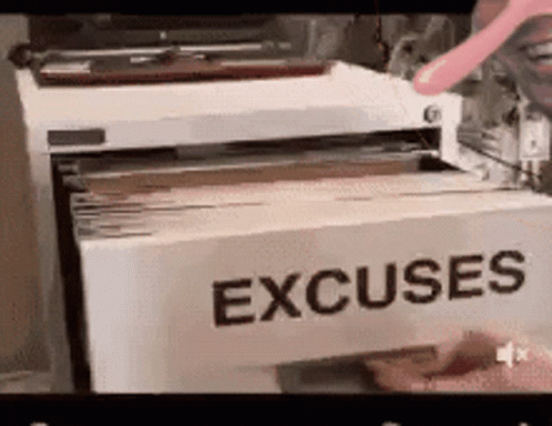 A Box That Says Excuses On It Is Filled With Papers GIF