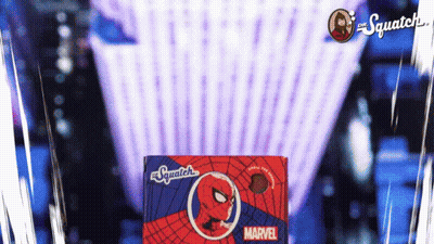A Box With A Spider Man On It That Says Squatch GIF