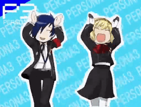 A Boy And A Girl Are Dancing In Front Of A Blue Background With The Word Persona3 On It GIF