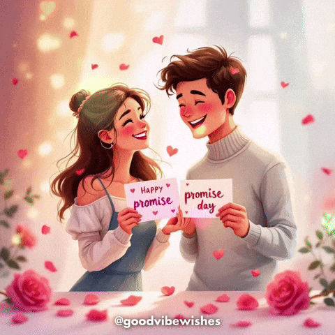 A Boy And A Girl Are Holding A Sign That Says Happy Promise Day GIF