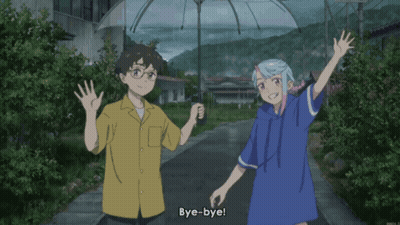 A Boy And A Girl Are Holding An Umbrella And Saying Bye Bye GIF