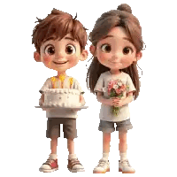A Boy And A Girl Are Holding Flowers And A Cake . Sticker