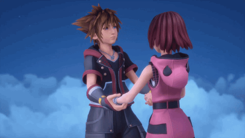 A Boy And A Girl Are Holding Hands And Looking At Each Other GIF
