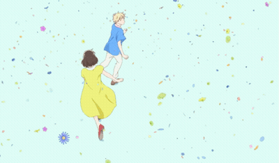 A Boy And A Girl Are Holding Hands And Petals Are Falling Around Them GIF