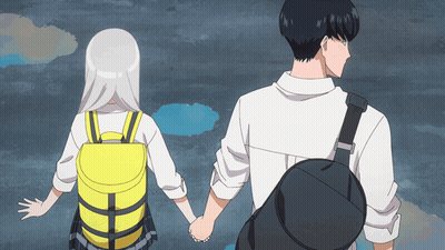 A Boy And A Girl Are Holding Hands And The Girl Has A Yellow Backpack On GIF