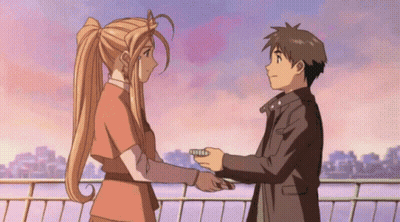A Boy And A Girl Are Holding Hands In Front Of A City GIF