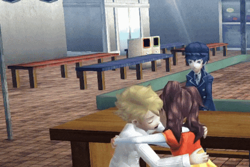 A Boy And A Girl Are Hugging In A Room With Tables And Benches GIF