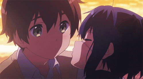 A Boy And A Girl Are Kissing In A Cartoon Scene GIF