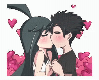 A Boy And A Girl Are Kissing In Front Of A Pile Of Pink Hearts . GIF