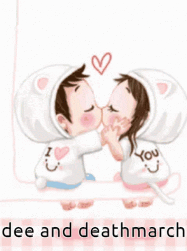 A Boy And A Girl Are Kissing With The Words Dee And Deathmarch Below Them GIF
