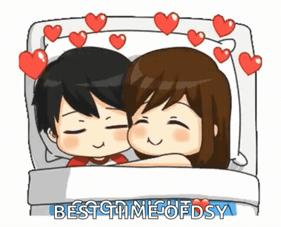 A Boy And A Girl Are Laying In Bed With Hearts Around Them And The Words `` Best Time Of Fdsy '' . GIF