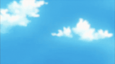 A Boy And A Girl Are Looking At Each Other Against A Blue Sky With Clouds GIF