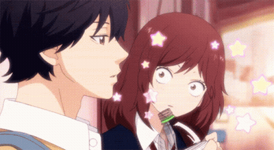 A Boy And A Girl Are Looking At Each Other And The Girl Has Stars On Her Hair GIF